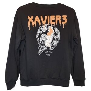 XAVIER3 Graphic Sweatshirt I Need Meow Space Unisex Sz M Black Paisley Skull Art